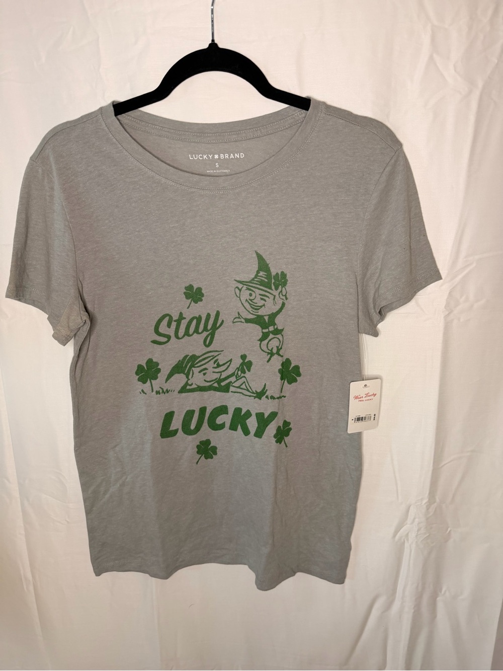 Lucky Brand Gray Short Sleeve Tee with Green 'Stay Lucky' Graphic